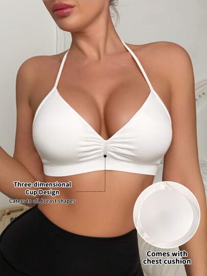 SHEIN 1 pieza Sujetador de mujer sin costuras, sin aros, con ligero relleno y escote en pico, con cuello de halter, sexy y sin espalda