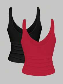 INAWLY 2 件套女士短款豹纹纯色 V 领修身背心套装，夏季 - 彩色 - 查看 2