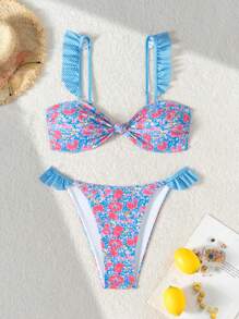 Swim Mod Women Summer Beach Vacation Removable Strap Ruffle Tied Front Crop Top And Ruffle Hem Tie Side Bikini Set - Multicolor - View 6