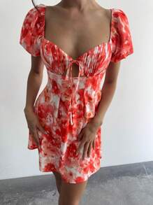 Firerie Women's Floral Print Pleated Bustier Sweetheart Neckline Mini Dress With Puff Sleeves, Perfect For Vacation Wear/Summer Clothes/Graduation Outfit/Holiday Outfits/ Ruffle Shorts/Wedding Guest Dress Women/ Church Outfits Women/Summer Outfits For Women - Multicolor - View 7