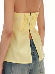 LYSMO 2025 Women's Pleated Slim Waist Ruched Back Slit Strapless Shirt Blouse,Pale Yellow Summer Elegant Brunch Minimalist Casual Style Vacation Date Top - Yellow - View 4