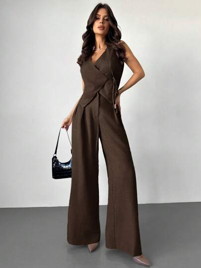 Firerie Conjunto de primavera/verano elegante y sencillo para uso diario: Chaleco con lazo en la cintura en color lino y pantalones anchos de cintura alta con pliegues, conjunto de traje para ir a la oficina en otoño/invierno