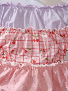 3件套棉质格子、草莓和樱桃印花荷叶边可爱甜美卡哇伊洛丽塔少女内衣 - 彩色 - 查看 3