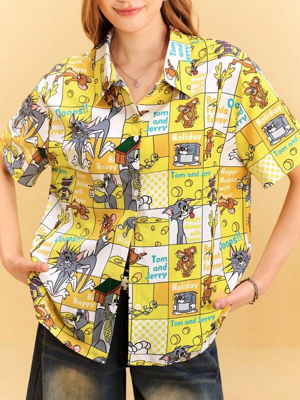 TOM & JERRY X SHEIN Camisa amarela feminina, amarelo manteiga, camisa gráfica, estampa de queijo, estampa de desenho animado, casual, verão