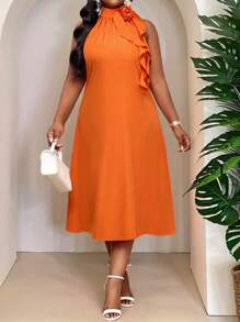 SHEIN Lady Vestido naranja de longitud media con decoración de volantes 3D tridimensionales en el cuello. Vestido holgado y casual elegante para damas. Para primavera y verano. Estilo bohemio. Vestido de talla grande - Naranja - Ver 1