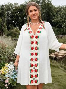 Swim Mod Plus Size Women's Single V-Neck Strawberry Embroidery Ruffle Casual Beach Cover-Up For Summer Beach Vacation - Apricot - View 5