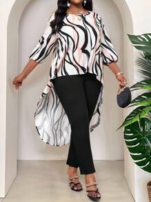SHEIN Lady Spring And Summer Elegant Commuting Office Casual Boho Colorful Woven Round Neck High Low Quarter Sleeves Plus Size T-Shirts Plus Size Blouses Woman Casual Casual Women Women Summer Outfits For Women For Women Vacation Outfits Woman Beach Outfits For Woman Wedding Guest Dress Women Birthday Dresses For Women Cheetah Print Business Casual Woman Birthday Outfits For Women 4th Of July Women - Multicolor - View 4