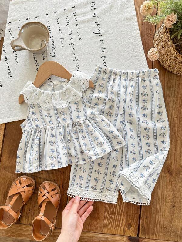 SHEIN LMoss Kids 2 piezas Conjunto informal de top y pantalones con volantes y estampado floral para niñas, verano