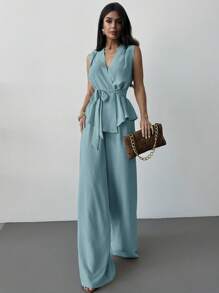 Firerie Conjunto casual de verano para mujer de 2 piezas - Top holgado de cuello en V sin mangas con cordón en la cintura y pantalones de pierna recta, versátil y elegante para uso diario - Azul - Ver 4