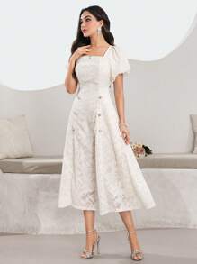 Modelyn Women Jacquard Flare Sleeve Square Neck Knee-Length Elegant White Dress,Summer Casual Work Birthday Clothes For Tea Party - White - View 1