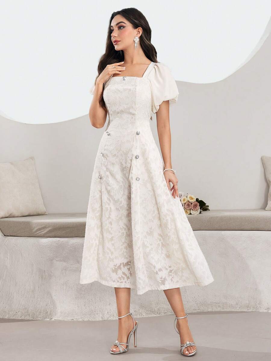 Modelyn Women Jacquard Flare Sleeve Square Neck Knee-Length Elegant White Dress,Summer Casual Work Birthday Clothes For Tea Party - White - View 1