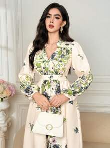 DAZY 春秋季女士优雅碎花V领泡泡袖连衣裙长袖连衣裙及地长裙 - 米色 - 查看 3