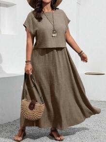 EMERY ROSE Plus Size 2pcs Set Solid Color Short Sleeve Top And Skirt - Coffee Brown - View 3