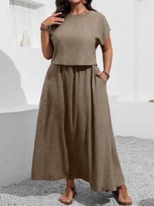 EMERY ROSE Plus Size 2pcs Set Solid Color Short Sleeve Top And Skirt - Coffee Brown - View 5