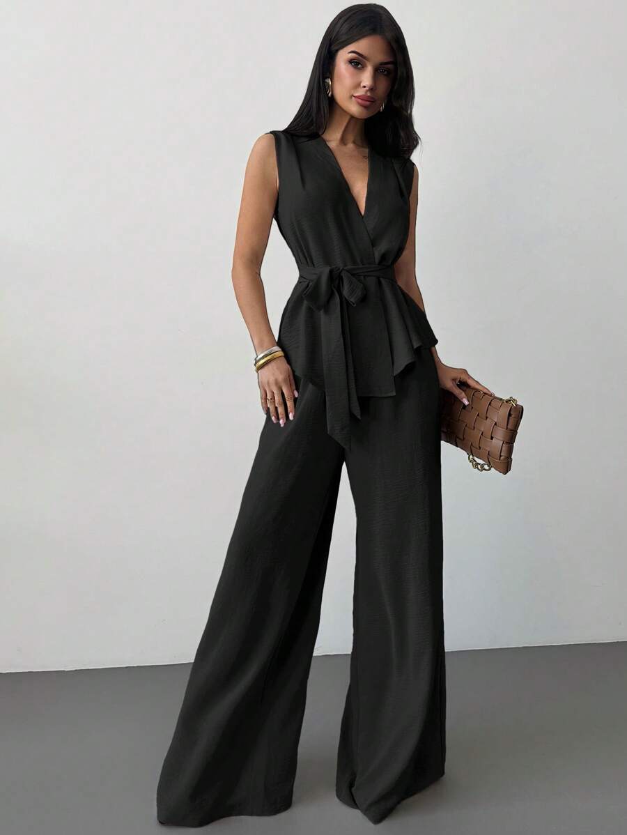 Firerie 2 件套女士夏季休闲优雅宽松 V 领无袖高腰抽绳直筒裤套装，米色 - 黑色 - 查看 1