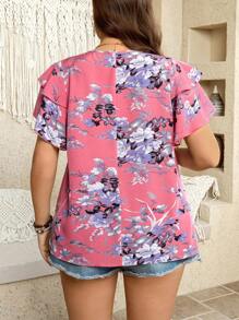 SHEIN 大码短袖衬衫，夏季时尚 - 玫紅色 - 查看 2