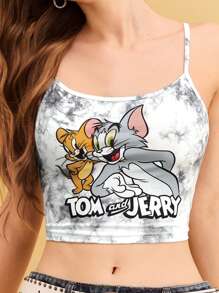 TOM & JERRY X SHEIN Women's Cami Top, Cartoon & Letter Graphic Top, Grey Tie-Dye Pattern, Cartoon Pattern, Tight Cami Top, Casual, Summer,Summer