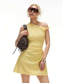 LYSMO 2025年新款夏季女式单肩打结腰褶饰迷你连衣裙 - 黃色 - 查看 3