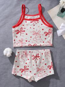 两件套女童蝴蝶结吊带背心和内裤套装，可爱内衣，适合正在发育的女孩，圣诞节礼物 - 彩色 - 查看 2