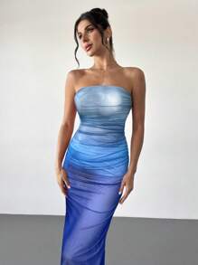 Firerie 女士优雅浪漫时尚通勤性感优雅风格连衣裙，适合派对、度假、返校、浪漫约会和婚礼生日场合，渐变色印花抹胸紧身长裙，粉色 - 藍色 - 查看 3