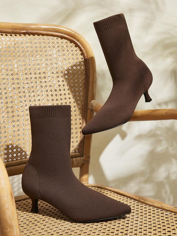 CUCCOO BASICS Women's Pointy Toe Stiletto Elastic Slip-On Sexy Ankle Boots, Low Heel, Short Booties, Coffee Color, Autumn/Winter For Christmas Spring Shoes