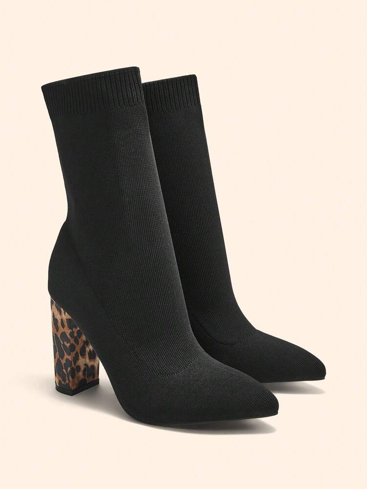 CUCCOO BASICS Pointed Toe Thick High Heel Slip-On Elastic Black Knitted Tight Fitted Sock Boots, Comfortable Sexy Leopard Pattern Elastic Ankle Boots For Women For Christmas Spring Shoes
