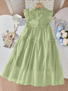 Girls' Blue Textured Ruffle Dress, Summer Children Wear Dressy Dress Princess Dress For Girls Young Girls Dresses Dress For Kids Young Girls Dresses Kids Summer Clothes Young Girls Dresses Kids Dresses For Toddlers - Green - View 2