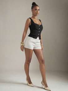 Hauture Women's Sweet Heart Neck Beige Tank Top With Fake Pockets And Front Gold Buttons