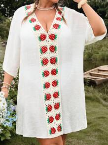 Swim Mod Plus Size Women's Single V-Neck Strawberry Embroidery Ruffle Casual Beach Cover-Up For Summer Beach Vacation - Apricot - View 4