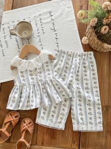 SHEIN LMoss Kids 2pcs Girls Floral Pattern Ruffle Trim Casual Top And Pants Suit, Summer