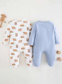 Cozy Pixies 2pcs Newborn Baby Boy Knitted Cartoon Bear Pattern Soft Round Neck Long Sleeve Jumpsuit Set Graphic,Kids - Multicolor - View 2
