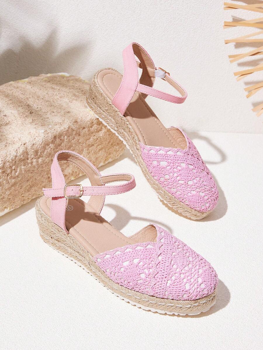 Styleloop Women's Solid Color Platform Shoes, Buckle Strap Comfortable Shoes, Linen Bottom Wedge Heel Casual Shoes - Baby Pink - View 1