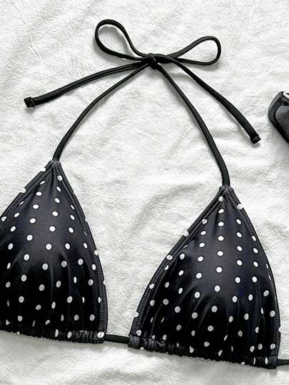 Swim Vcay Black & White Polka Dot Sexy Women's Halter Bikini Top For Summer Beach Vacation