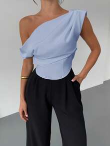 Firerie Elegant Minimalist Chic Romantic Women's Fashion Slim Fit One-Shoulder Ruched Cami Blouse, Suitable For Commute, Daily Wear, Vacation, Spring/Summer Blue - Blue - View 7