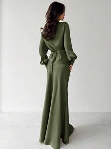 Firerie 女士优雅杏色缎面不对称下摆缎面半身裙 - 軍綠色 - 查看 2