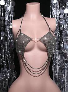 SHEIN 1 chiếc áo ngực hở cổ đính đá Rhinestone cho nữ gợi cảm - màu đen - Xem 6