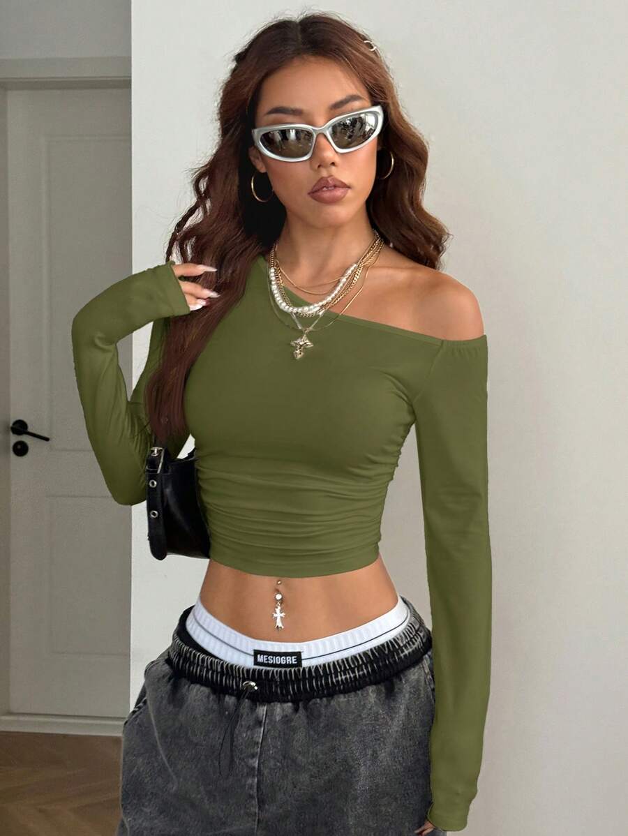 Coolane 女孩秋冬日常必备针织弹力舒适不对称领口长袖上衣