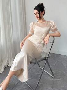 DAZY 2pcs Women Set: Patchwork Round Neck Blouse And Slip Dress