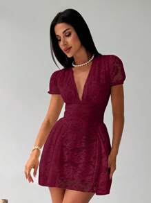 Firerie 浪漫 V 领泡泡袖修身蕾丝 A 字迷你连衣裙，优雅适合约会、婚礼、春夏季 - 酒紅色 - 查看 6