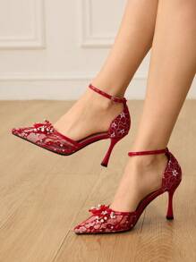 CUCCOO HITCHD Women's Pointed Toe High Heel Shoes, Red Rhinestone Floral Lace Mesh Wedding Party Pumps - Red - View 3