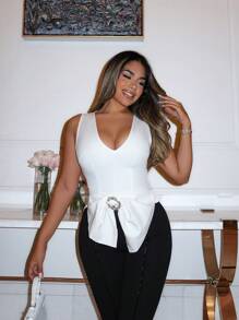 Xyvia 女士纯色 V 领无袖纽扣衬衫 - 白色 - 查看 1