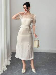 DAZY 2pcs Women Set: Patchwork Round Neck Blouse And Slip Dress