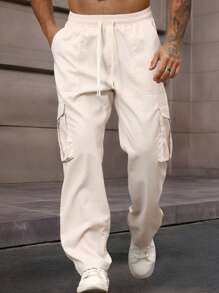 Manfinity Homme Men's Solid Color Drawstring Waist Straight Casual Pants, Suitable For Everyday Wear - Apricot - View 3