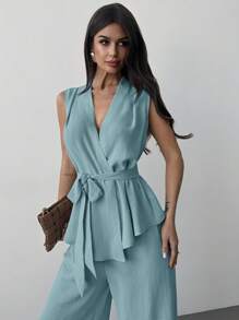 Firerie Conjunto casual de verano para mujer de 2 piezas - Top holgado de cuello en V sin mangas con cordón en la cintura y pantalones de pierna recta, versátil y elegante para uso diario - Azul - Ver 5