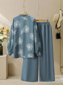 Lacomfia 2pcs/Set Plus Size Casual Printed Long Sleeve Loose Shirt And Elastic Waist Wide Leg Pants Set, Spring/Autumn - Dusty Blue - View 2