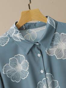 Lacomfia 2pcs/Set Plus Size Casual Printed Long Sleeve Loose Shirt And Elastic Waist Wide Leg Pants Set, Spring/Autumn - Dusty Blue - View 7