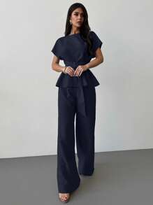 Firerie Completo elegante casual primavera/estate per uso quotidiano, composto da camicia beige in lino e bambù con nodo decorativo al collo e in vita, e pantaloni a vita alta a gamba dritta, adatto per uso quotidiano, vacanze