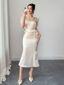 DAZY 2pcs Women Set: Patchwork Round Neck Blouse And Slip Dress
