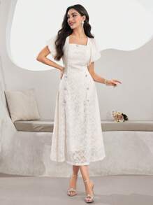 Modelyn Women Jacquard Flare Sleeve Square Neck Knee-Length Elegant White Dress,Summer Casual Work Birthday Clothes For Tea Party - White - View 5