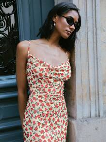 lacRébo Váy midi lưới họa tiết hoa mùa thu có cổ khoét sâu và dây chéo sau lưng, váy đi chơi mùa thu đông - Nhiều màu - Xem 7